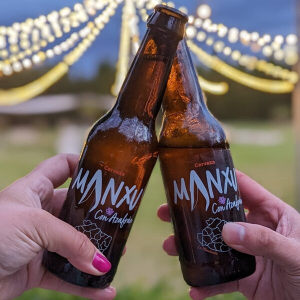 Brindis con cervezas Manxu al atardecer.