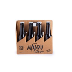 Pack de seis botellas de cerveza Manxu en cartón marrón.