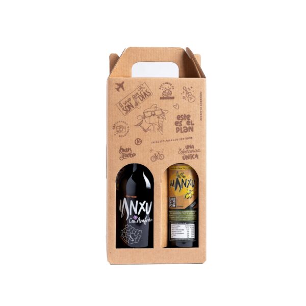 Caja de vino ecológico Manxu con ilustraciones, en cartón.