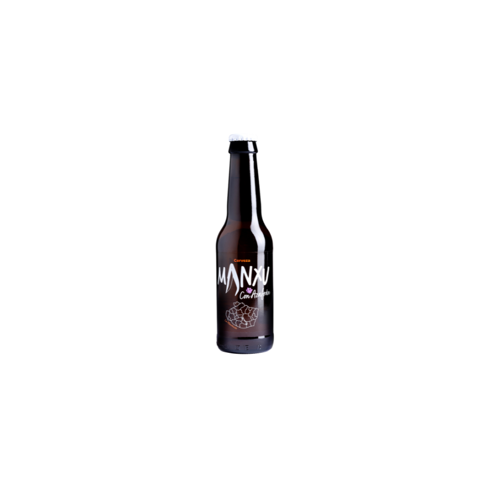 Botella de cerveza Manxú con fondo negro.
