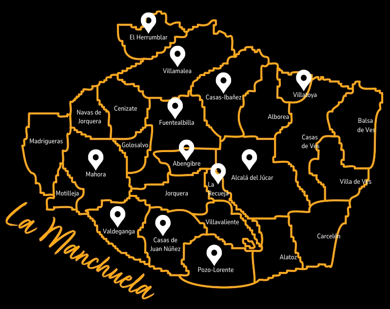 Mapa de La Manchuela, destacando localidades importantes.