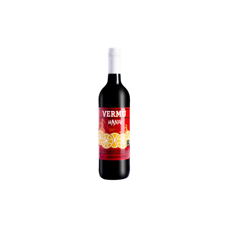Botella de vermut Manaxi con diseño de cítricos.