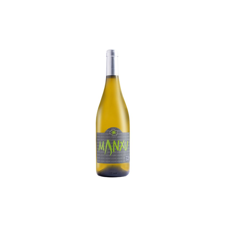 Botella de vino blanco Manxù sobre fondo neutro.
